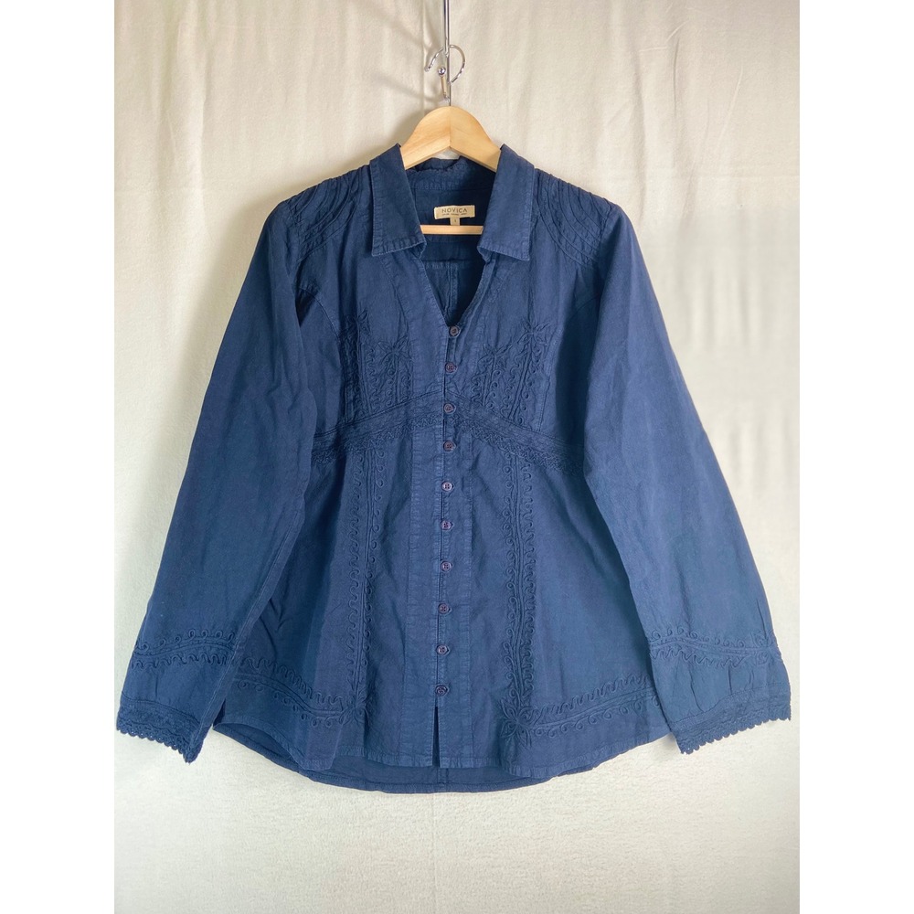 Novica Navy Blue Embroidered Lace Trim Button Down Blouse Top Large Boho